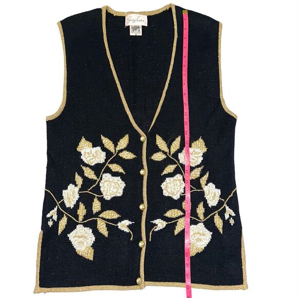 Vintage Jaclyn Smith Black Gold Metallic Floral Knit Sweater Vest Size M - Picture 11 of 11